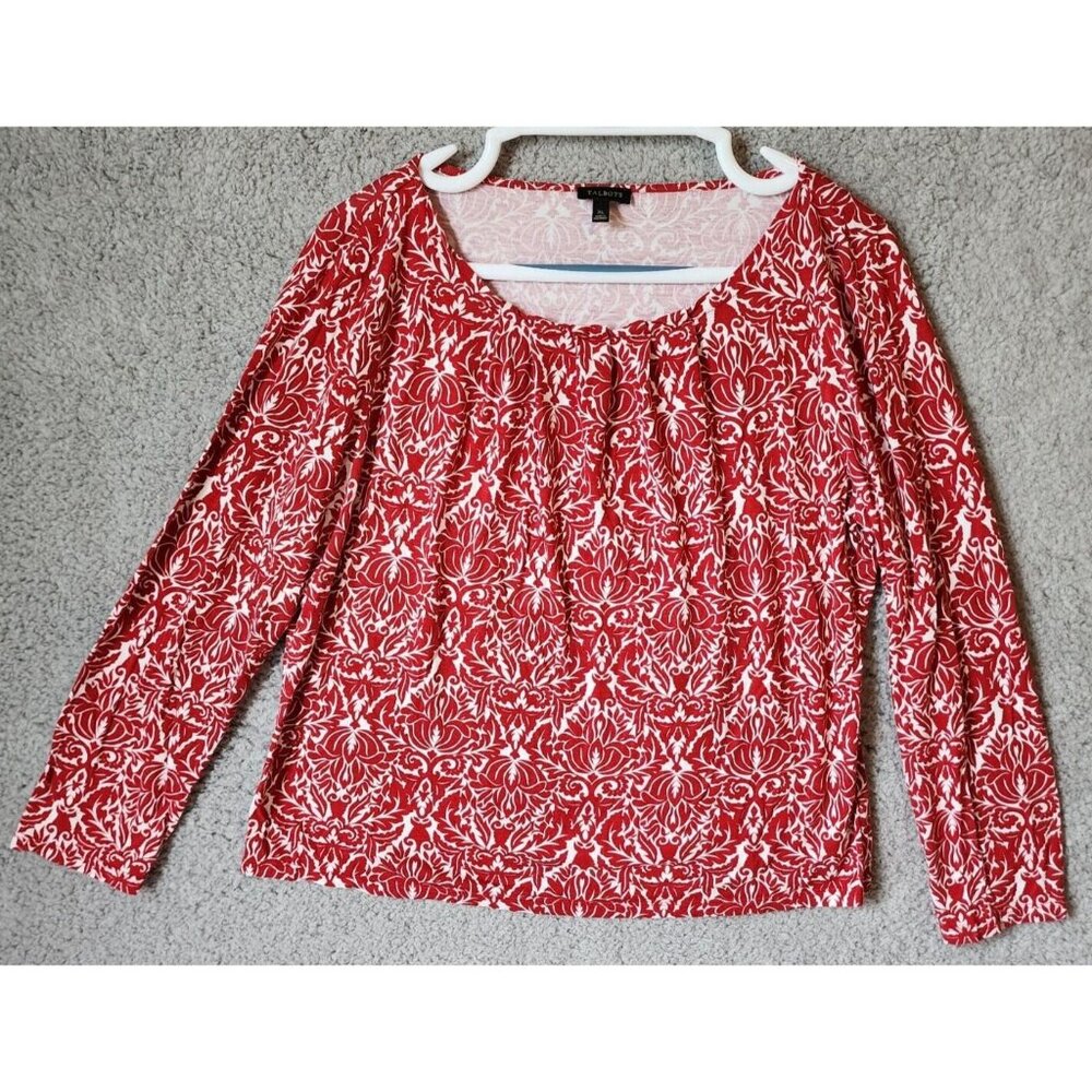 Talbots Women's Long Sleeve Pleated Scoop Neck Top Baroque Red/White Print Sz XL